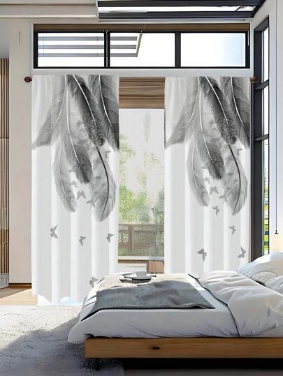 ستارة شفافة مطبوع عليها ريش أسود أنيقة وفراشات، تصميم جيب العصا، مناسبة للغرفة المعيشية والنوم والمطبخ | مصنوعة من البولي إستر بتشطيب ضبابي، ديكور مناسب للأربع فصول ، تصميم ستارة إبداعي | سهلة التركيب ، ستارة غرفة المعيشة ، مجموعة 2 قطعة