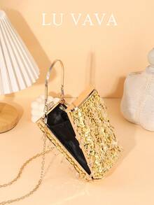LU VAVA 水晶流苏亮片晚装手拿包 - 可拆卸链条和顶部手柄闪亮包，适合伴娘派对，香槟金色亮片婚礼钱包
