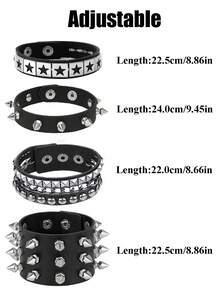 Xiacheng 1/3/4件套女士朋克摇滚手链套装 - 铆钉可调节人造革手镯，80年代Emo哥特机车风，男女皆宜的另类时尚