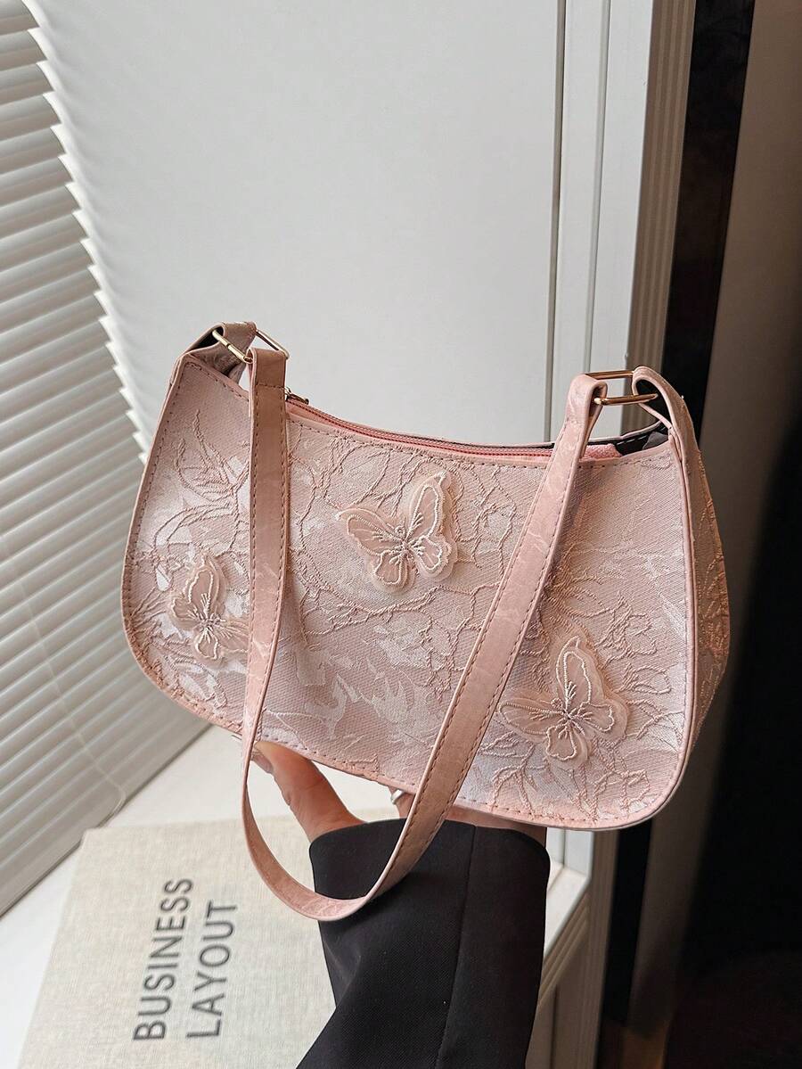 Women's Lace Crescent Moon Shoulder Bag With Butterfly Design, Armpit Bag
