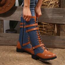 Women's Fashion Round Toe Thick Sole Side Zipper Mid-Calf Boots, New Casual Outdoor Ladies Shoes - Denim Blue - View 8