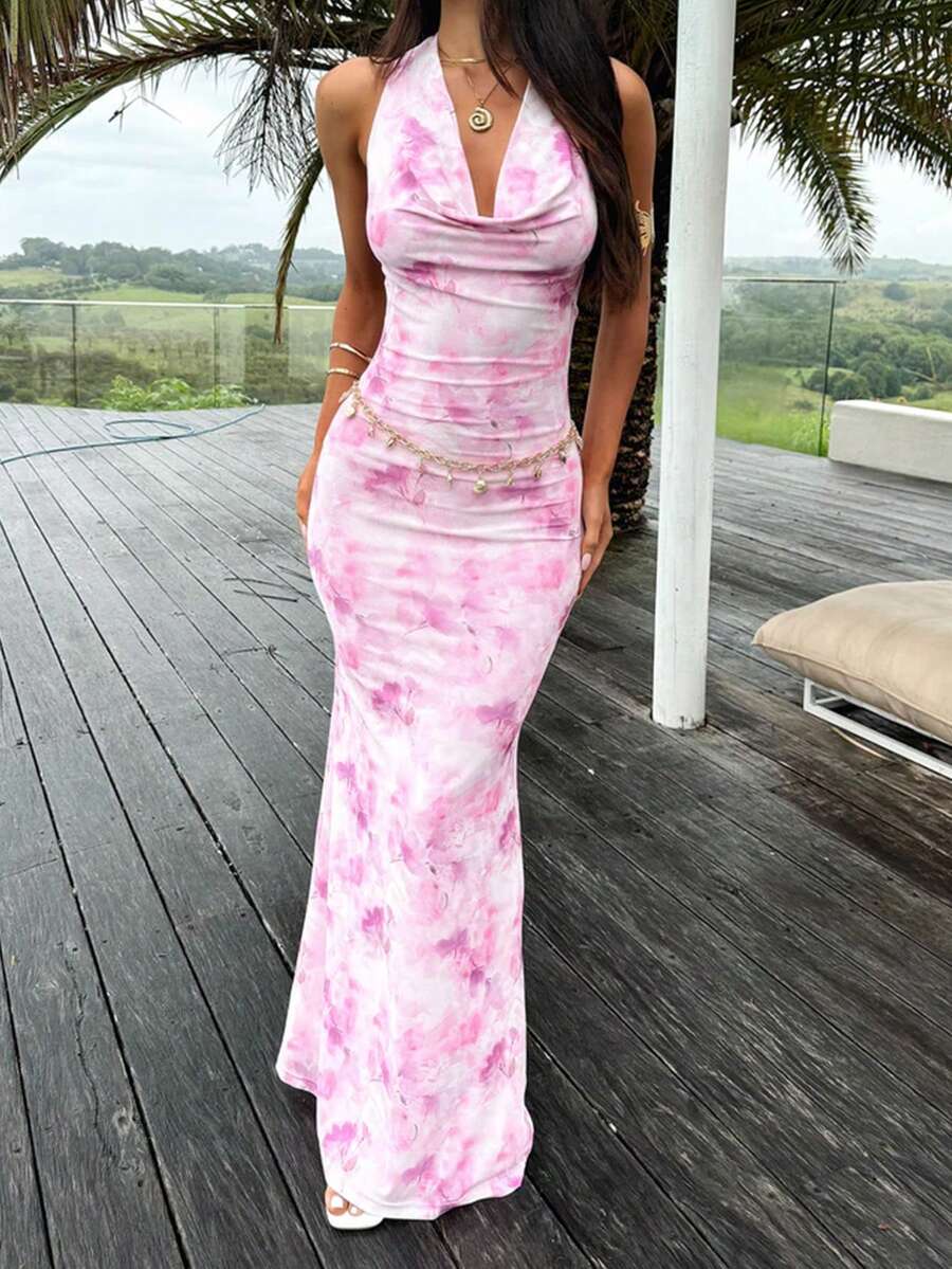 女式露背性感低胸印花紧身连衣裙 - 粉色 - 查看 1