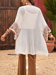 Plus Size Flare Sleeve Color Blocking Boho Style Cardigan - Apricot - View 3