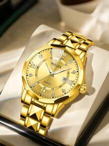 Reloj de cuarzo de marca de lujo para hombre, de acero inoxidable dorado, con fecha, visualización del día de la semana, acentos de diamantes y esfera luminosa
