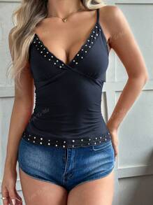 Top de encaje ajustado con escote en V profundo, tirantes y espalda descubierta con estilo Y2K, adecuado para verano, playa, citas, festivales de música y conciertos, 4 de julio en EE. UU.
