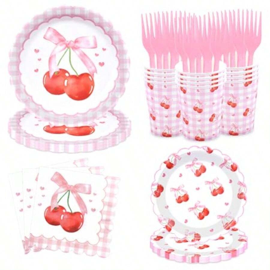 Juego de 100 piezas de vajilla desechable de cereza con diseño a cuadros rosas para fiestas, incluye platos, vasos, servilletas y tenedores. Diseño de cerezas lindas para cumpleaños, baby shower, despedida de soltera, picnic. Sirve para 20 invitados. - Cereza - Ver 1