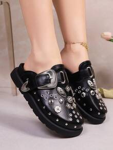 Women's Fashion Comfortable Rivet Decor Black Chunky Heel & Platform Shoes,Mule Shoes