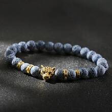Gold Leopard Head Bracelet For Men Fashion Male Punk Blue Weathered Volcanic Lava Stone Bracelets Jewelry - Multicolor - View 2