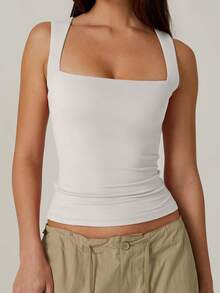 Women's Square Neck Tank Tops Sleeveless Solid Color Slim Fit Tank Tops Summer Shirts - White - View 1