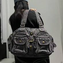 Denim Washed Denim Tote Bag For Women Vintage Shoulder Bag With Multiple Distressed Pockets
