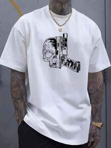Plus Size Men Clothes  Men Plus Size Shirts  Big And Tall Men  Skull Pistol Print, Men'S White Casual And Comfortable T-Shirt, Summer, 100% Cottonmen Shirts  Graphic Tees Dad Shirt