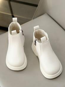 Leather Patchwork & Stitching Casual Style Girls Boots, Soft Sole British Style With Plush Lining, Fashionable Girls Booties - White - View 2