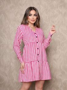 vestido xadrez manga longa novo moda  Xadrez    Tecido    Botões na frente - Fúcsia - Visão 3