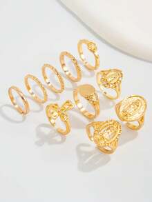 10pcs Fashionable Punk Ins Style Cross & Virgin Mary Rhinestone Knuckle Rings Set, Versatile For Daily, Party, Street Wear (Ring Diameter: 1.7cm & 1.9cm, Sizes Vary) - Yellow Gold - View 3