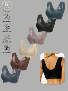 6pcs Elegant Floral Lace Women'S Push-Up Bras - Wireless Front Closure, Soft Breathable Wide Shoulder Straps, Full Coverage & Jacquard Pattern, 6 Colors For Daily Wear, Home & Dates, Stylish Bras For Women, Seamless Support, Comfortable Strapless Bras - 彩色 - 查看 5