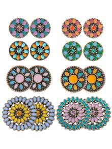 TopHanqi Bộ 16/8/4 đôi hoa tai đính đá phong cách Bohemian, trang sức hình tròn hình học màu bạc/đồng cổ, phù hợp với phụ nữ đeo hàng ngày, thời trang đường phố, quà tặng, mọi mùa - Nhiều màu - Xem 9