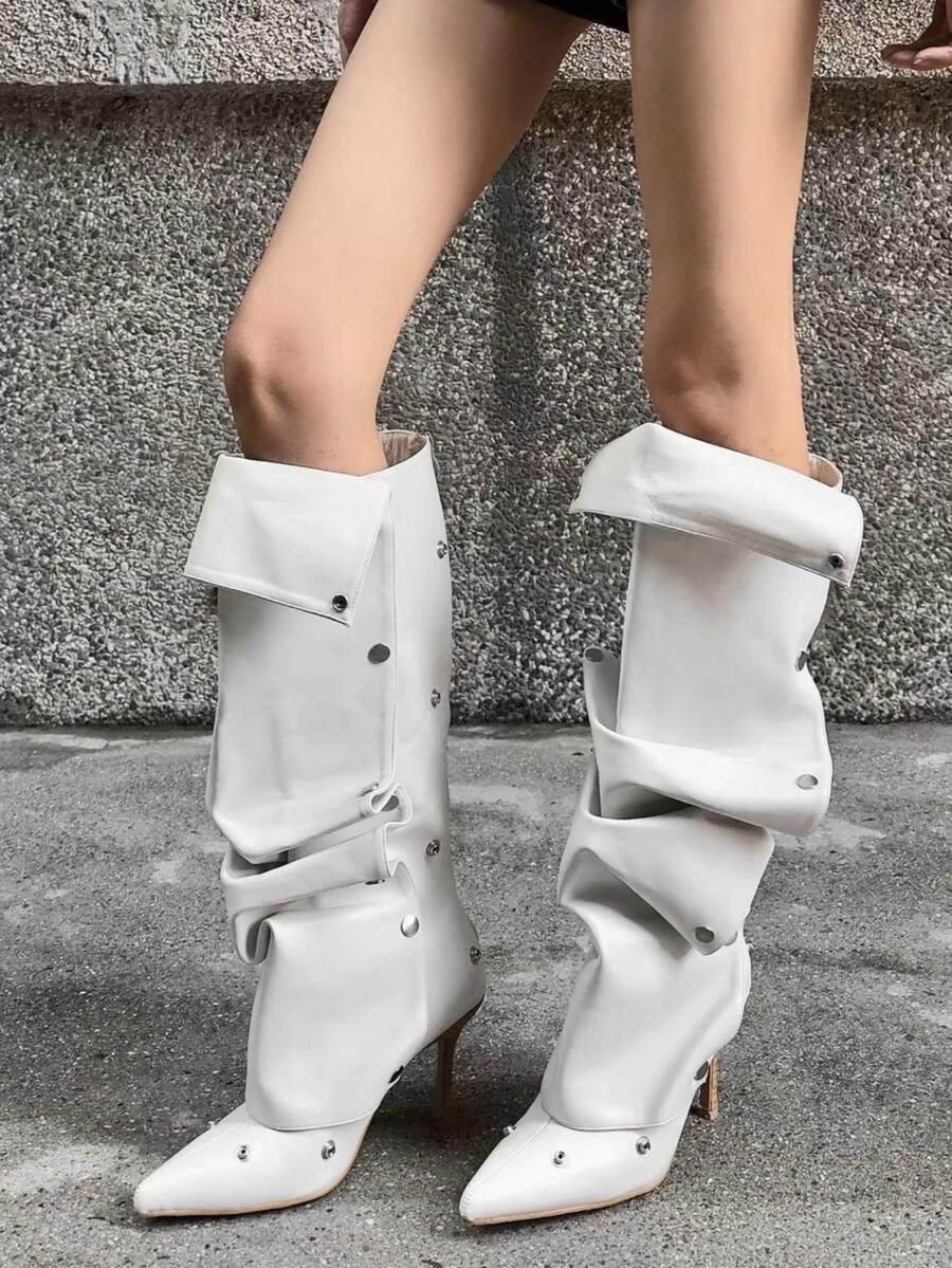 Fall/Winter 2025 Summer New Fashion Pointed Toe Stiletto Heeled Thigh High Boots, Button Detail Versatile Design, Ladies,Y2k Shoes,White Boots