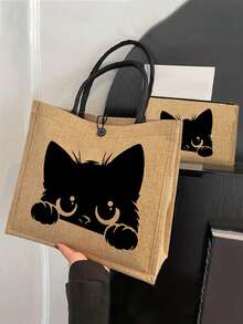 猫咪主题手提包套装：女士手提包套装，包括 1 个黑色卡通猫咪图案手提包和 1 个印有猫、鸟、波浪、花朵图案的小包/零钱包，适合海滩度假，时尚大容量化妆包，旅行化妆包。 - 卡其色 - 查看 4