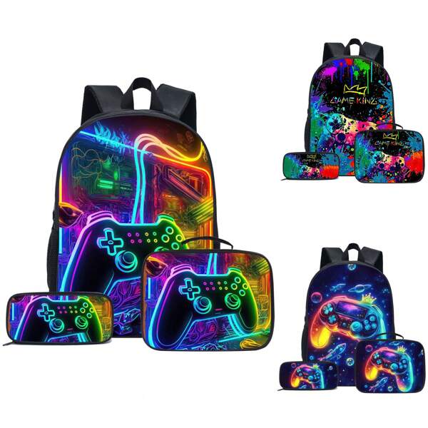 Exquisite And Cool Game Console Pattern 3 PiecesSet: Pencil Case, Lunch Bag, Adjustable Shoulder Strap, Multi-Functional, Perfect For Play, Ideal Gift For Back-To-School Season