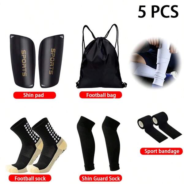 5pcs Sports Leg Warmers Set: 1 Pair Anti-Slip Dot Rubber Soccer/Basketball/Running Leg Warmers, 1 Pair Compression Calf Sleeves, 1 Drawstring Soccer Ball Bag, 1 Pair Sticky Bandages, 1 Pair Shin Guards, Football/Sports Training Gear