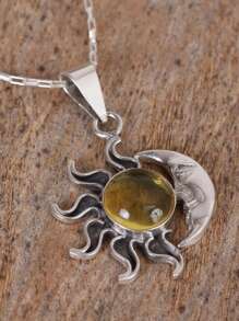 1pc Elegant Minimalist Faux Gemstone Sun & Moon Pendant Necklace, Suitable For Men And Women, Lovely Festival Gift