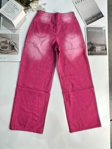 女式 Y2K 休闲破洞直筒牛仔裤，度假风格，秋季 - 中紫紅色 - 查看 7