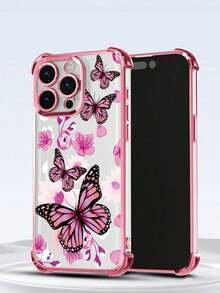 Funda para teléfono (1 unidad): Diseño minimalista de mariposa, electrochapada, con airbag, resistente a caídas, de TPU transparente y gruesa. Compatible con Apple 16 Pro Max/16 Pro/13 Pro Max/12 Pro Max/11, 15 Pro Max/14 Pro Max/S22/S23/D24/S25. - Rosa - Ver 1