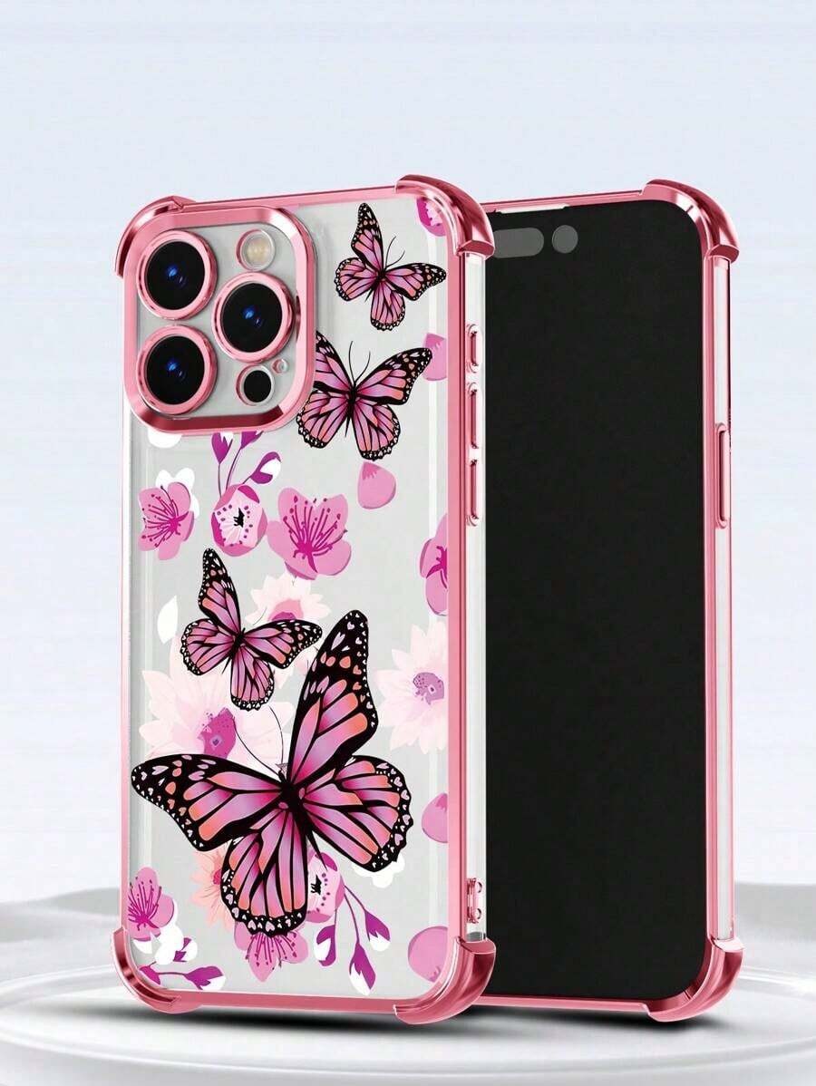 Funda para teléfono (1 unidad): Diseño minimalista de mariposa, electrochapada, con airbag, resistente a caídas, de TPU transparente y gruesa. Compatible con Apple 16 Pro Max/16 Pro/13 Pro Max/12 Pro Max/11, 15 Pro Max/14 Pro Max/S22/S23/D24/S25. - Rosa - Ver 1