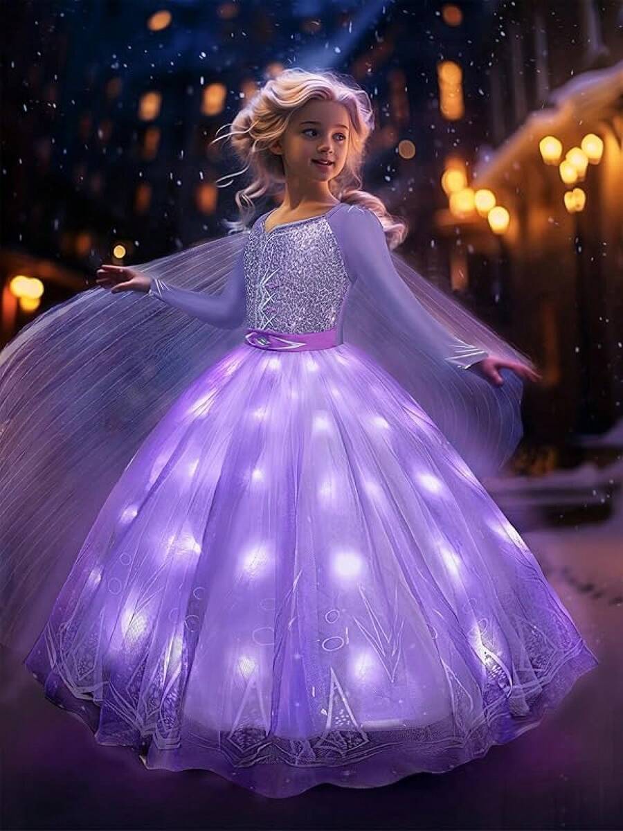 Light Up Princess Dress Girls Halloween Costume Costume Toddler Dressing Up Bithday Party, Purple - 紫色 - 查看 1