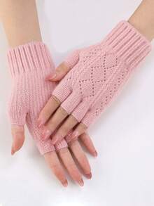 1双女士秋冬针织手套，带保暖内衬，户外保暖露指手套，时尚百搭袖套