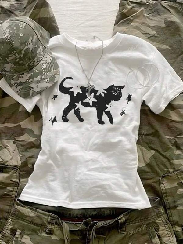 Women's Casual Loose Fit Cat Pattern Round Neck White T-Shirt, Summer