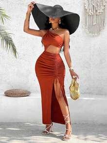 Las mujeres de cuatro lados de tela elástica de poliéster halter vestido de hombro slash, las mujeres sexy y elegante halter, la tela es cómoda y suave agradable a la piel y transpirable, vestido de las mujeres dividida. - Marrón - Ver 5