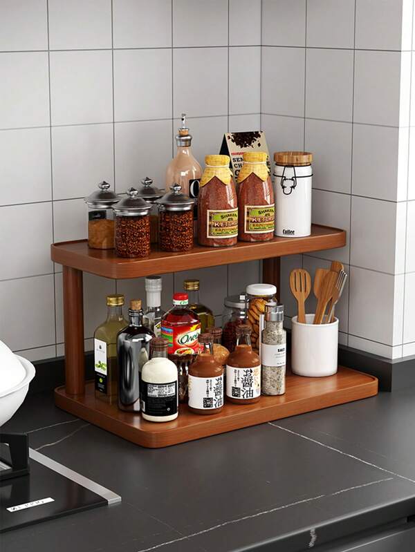 1 Piece Bamboo Multi-Purpose Kitchen Shelf, Multi-Tier Countertop Spice Rack With Storage Shelf, Desktop Double Organizer, Great For Dressers, Decorative And Utility Shelves For Home, Balcony Decoration