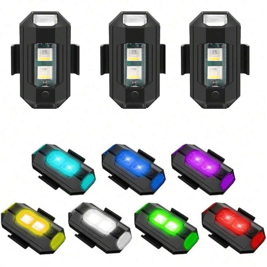 Conjunto de 10 Luces LED Estroboscópicas Anticolisión Recargables en 7 Colores: Ideal para Motocicletas, Drones y Vehículos Nocturnos - Negro - Ver 1