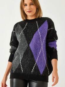 女士宽松时尚蓬松钻石图案毛衣，刺绣长袖上衣 - 黑色 - 查看 5