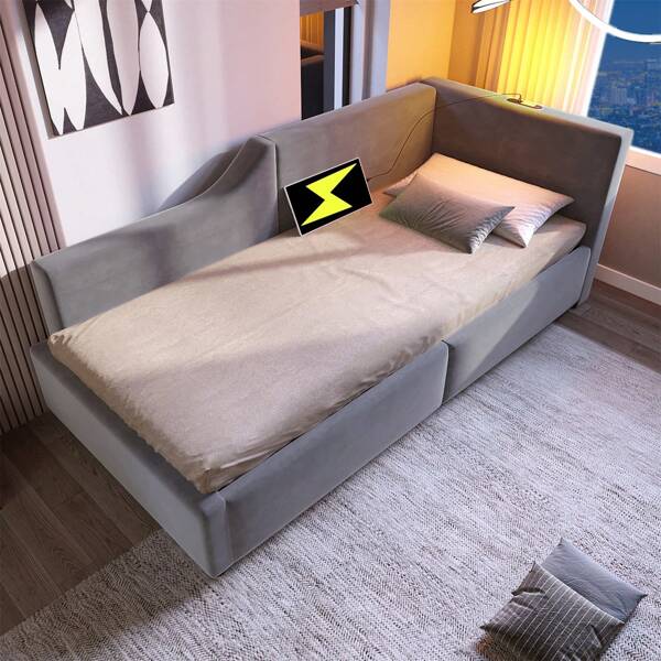 Sairedel Polsterbett Tagesbett Daybett 90x200cm, Schlafsofa mit hydraulischem Stauraum, Leselichtfunktion und USB-C-Ladefunktion, Kinderbett Jugendbett Bettgestell mit Lattenrost aus Holz, Samt, Grau