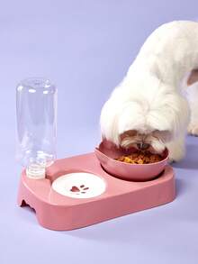 PETSIN 1入粉色貓碗套裝，帶自動給水器，防潑水，多功能可調節寵物飼料器，2合1寵物餵食和飲水用品 - 粉色 - 查看 2