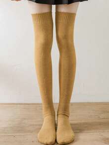 1 双女士过膝袜，纯色加厚保暖内衬，温暖舒适，百搭，适合秋冬季学生和成人