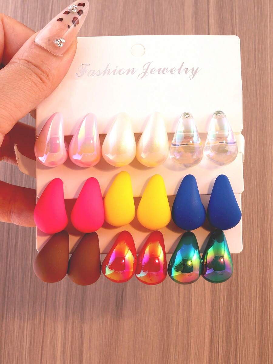 18 件多色水滴形时尚耳钉套装，女士珠宝