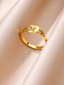 1PC Fashion Hollow Initial Letter Heart Rings For Women Gold Color Stainless Steel A-Z Letter Ring Aesthetic Wedding Jewelry Gift - Yellow Gold - View 3