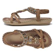 Women Sandals Floral Print Elastic Strap Lightweight Beach Shoes - Dark Brown - View 8