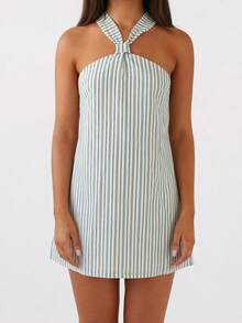 Women Summer Halter Neck Short Dress Solid Color/Floral Print Backless Dress Fashion Sleeveless Dress for Daily - Celeste - Ver 4