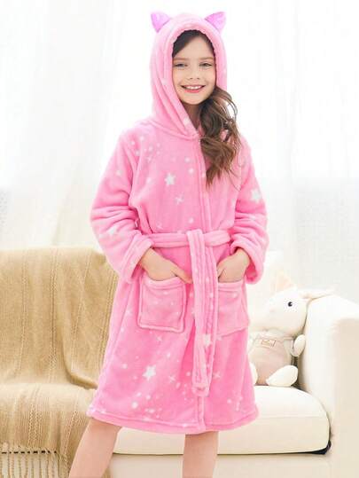 女童粉色星空3D耳朵连帽毛绒浴袍家居服