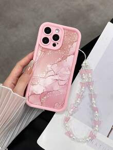 大理石粉色花卉印花软硅胶手机壳带链条，重型防震保护套，兼容 16/16 Pro/16 Pro Max、 16 Plus、 15 XR/7/8、 15 Pro Max、12 Pro Max、13 Pro Max、14 Pro Max、13、14、11、12 Plus、14 Pro、11 Pro、12 Pro、Redmi - 彩色 - 查看 3