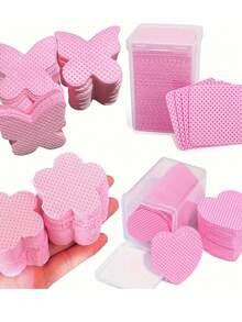 1 Box Of Lint Free Nail Wiping Cloth And Eyelash Extension Glue Cleaning Towel - Non-Woven Soft Gel Nail Remover Pad, Butterfly And Heart Design, Pink, Including Storage Box - Multicolor - View 2