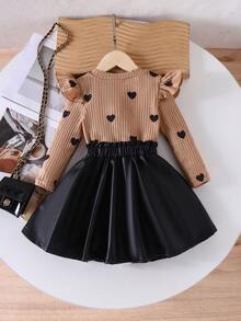 2 件套女童甜心印花长袖上衣 + 裙子套装，适合春秋季休闲装 - 黑色 - 查看 3