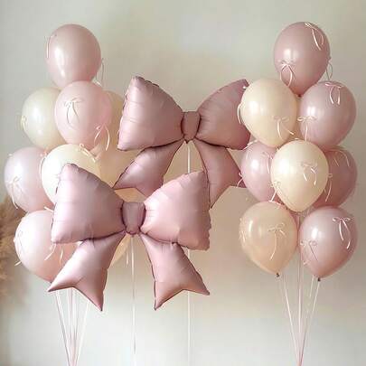 12pcs Large Pink Bow Foil Balloons, Macaron Color Latex Balloon Set, Includes Ribbons & Glue Points Accessories For DIY, Suitable For Wedding, Engagement, Anniversary, Princess Party, Birthday Decoration