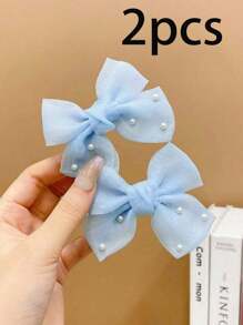 Blue Bow Party Headdress And Faux Pearl Decorative Hair Clips, Pearl Bow Hair Clips, Blue With Pearl Design Suitable For Wearing When Attending A Party, Versatile Party Hair Accessories