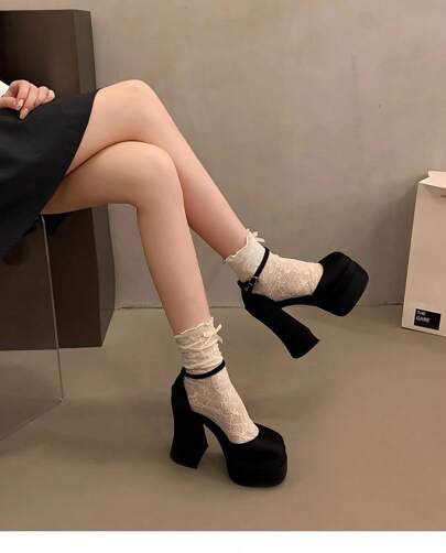 Sommerliche High Heels mit Blockabsatz - Party-High Heels - Super-High Heels - High Heels mit runder Spitze für Damen - Damenschuhe im neuen Stil - Absatzhöhe 8 cm