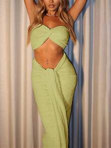 Street Fashion Crop Top And High Waist Tie Belt Long Skirt 2 Pieces Set - Green - View 5